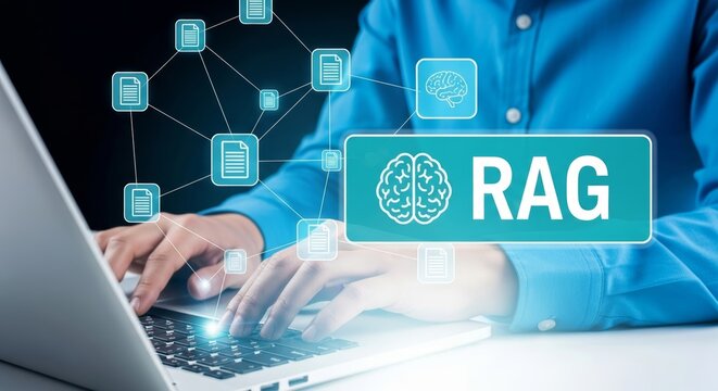 Businessman optimizing retrieval augmented generation rag system on digital laptop for enterprise document search. Intelligent automation intelligence technology for virtual information cognition.