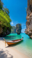 Obraz premium AI generator images of Pristine sandy beaches with beached ships, crystal-clear waters, and towering limestone mountains—Khao Tapu (also known worldwide as James Bond Island)