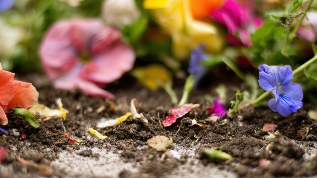 Close-up of garden soil surface with trampled flower petals and broken stems, shallow depth of field, soft daylight, rich textural detail, nature scene