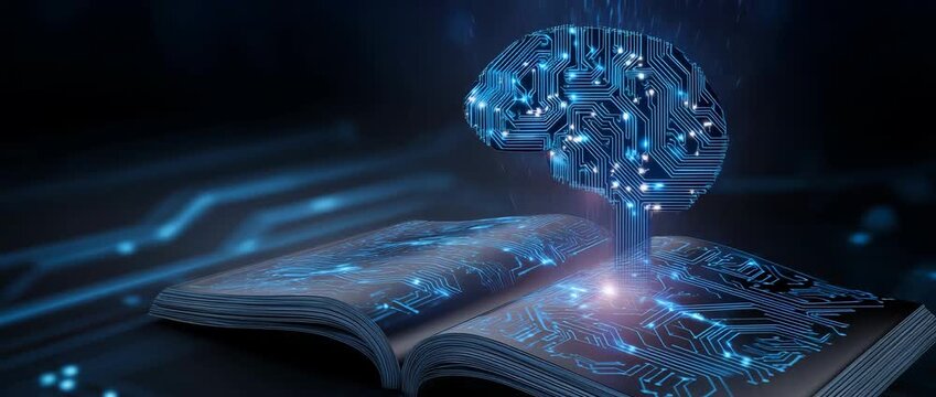 Artificial Intelligence learning concept. A futuristic illustration of artificial intelligence emerging from a digital book with circuit patterns
