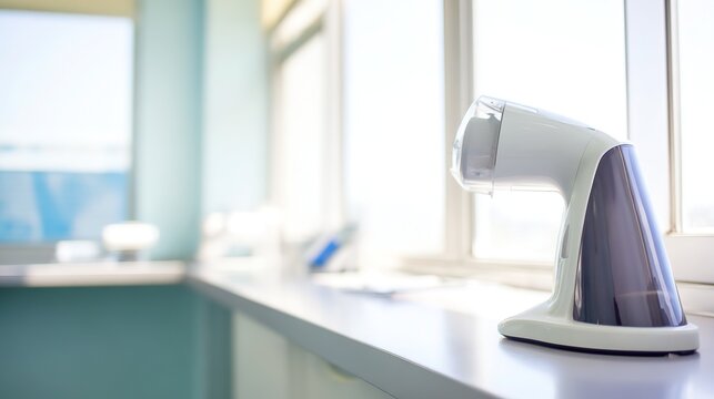 Modern spirometer in pulmonologist's office on clean counter with natural window light, shallow focus, clinical sterile setting, professional medical equipment photography