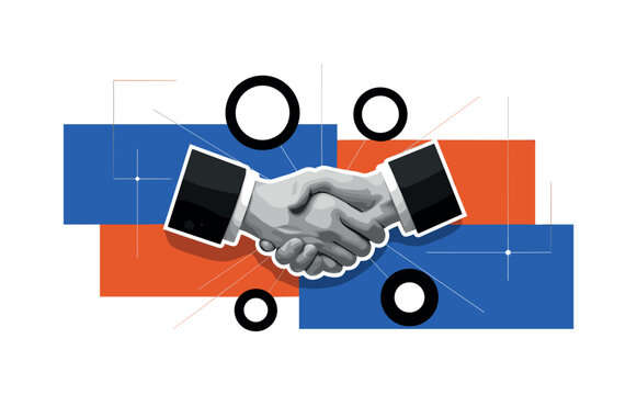 A black and white retro handshake between two professionals, realistic cut-out hands with subtle white outline, bold geometric circles radiating outward