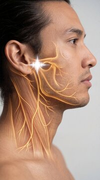 Man with visual representation of facial nerve and ear anatomy. Scientific illustration of trigeminal nerve pathway. Medical visualization of chronic ear pain and sensory neural system.