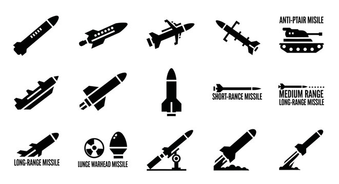 A collection of black silhouette icons depicting various types of missiles, rockets, and military weaponry, including anti-tank, short-range, medium-range, and long-range missiles.