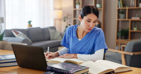 Obraz premium Nurse, woman and studying with books by laptop for medical research, information and knowledge. Healthcare, worker and reading with technology at desk for diagnosis reference, guide or treatment plan
