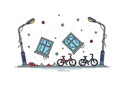 War-torn streets with toppled streetlights, shattered windows, and abandoned bicycles, emphasizing disruption and urban decay. Minimalist flat vector