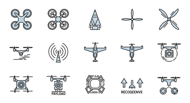 A collection of drone and UAV icons, including quadcopters, fixed-wing drones, propellers, and signal towers.