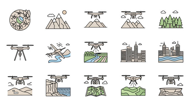 Collection of drone surveying and mapping icons over various landscapes including mountains, cities, forests, and deserts, illustrating modern aerial data acquisition.