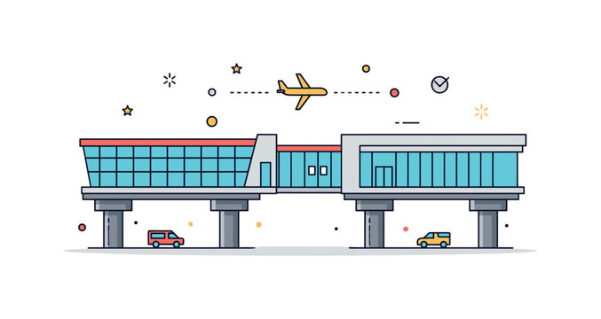Airport terminal skybridge connecting two sections of a transport hub symbolizing travel flow and global mobility. A tiny airplane icon in the background