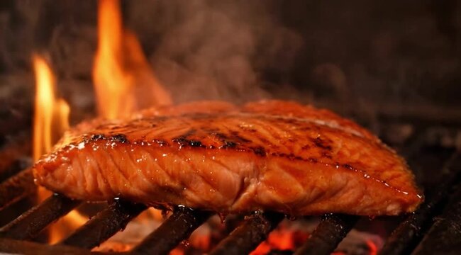 Salmon glazed with honey sauce, grilled over a blazing fire, caramelization clearly visible, close-up, dramatic lighting, ultra HD