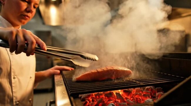 A chef flips salmon on an open fire grill, red embers glowing, smoke billowing dramatically, professional kitchen documentary style.