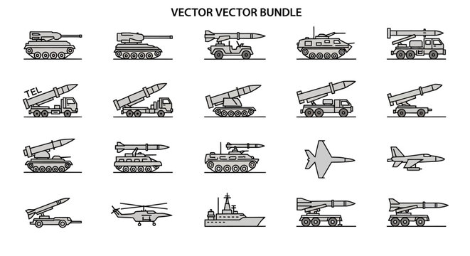 Monochrome pixel art icons of military equipment, combat vehicles, and weapon systems including tanks, missile launchers, jets, helicopters, and a warship.