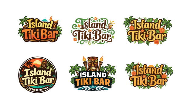 Collection of six "Island Tiki Bar" logo designs with tropical elements.