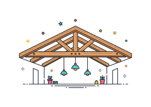 Vaulted ceiling beams concept centered on symmetrical wooden supports extending upward, creating height and visual rhythm. The badge-style