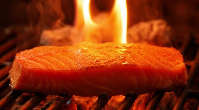 Macro view of salmon being grilled, the skin texture is crispy, the orange flames are burning brightly under the grill, the oil is boiling in detail,