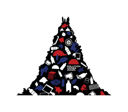 Black and white landfill silhouette made of stacked non-recyclable waste, sharp semicircles and cylindrical forms structuring the mass, deep red and