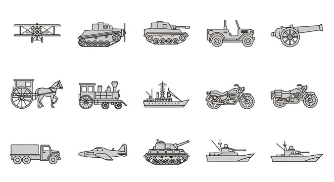 Monochrome pixel art icons of various vintage and military vehicles including tanks, planes, ships, and cars.