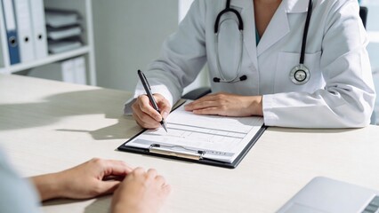 Fototapeta premium A female doctor reviewing patient documents in a bright clinic setting, emphasizing healthcare professionalism and patient interaction.