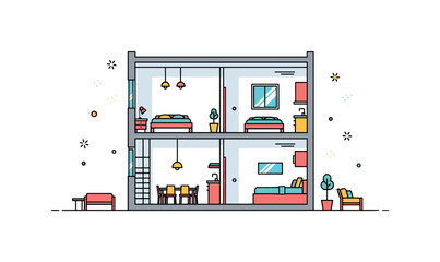 Obraz premium Smart prefab interior layout cutaway view of a modular home section revealing simplified rooms arranged in a clean grid. A concise editorial scene about