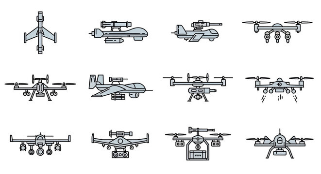 A comprehensive collection of various drone types and unmanned aerial vehicles, showcasing different designs for surveillance and aerial operations.