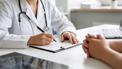 Fototapeta premium A healthcare professional reviewing medical documentation in a clinic setting, highlighting patient care and professionalism.