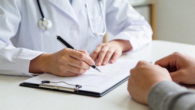 Close-up of a doctor assisting a patient. A healthcare scene with a doctor in a white coat reviewing medical paperwork at a clinic desk.