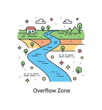 Flooded valley river overflow concept illustrated by a winding river expanding beyond its banks into nearby fields, symbolizing natural forces exceeding