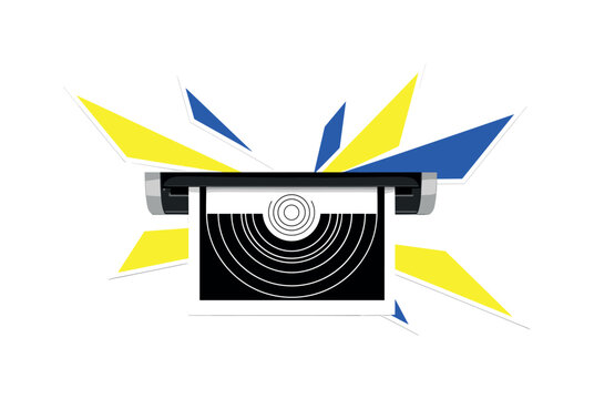 Black and white sheet of paper halfway inside a feeder scanner, concentric circles radiating from the scan line like digital capture waves, bright yellow and