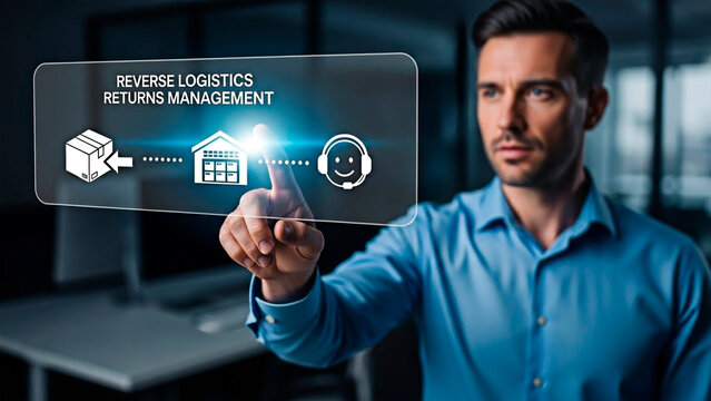 A man interacting with a holographic display depicting reverse logistics for business concept.