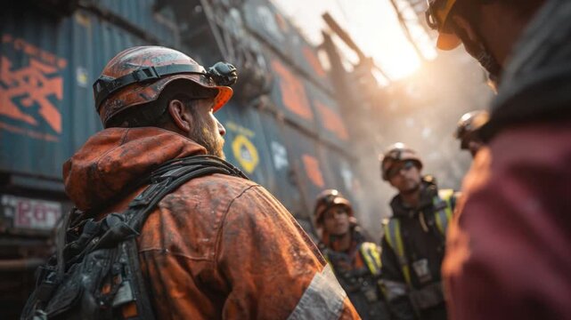Duty's Dialogue: A resolute team of industry professionals clad in workwear, huddle, conversing amidst a backdrop of industrial machinery and equipment, bathed in the soft glow of natural light. 