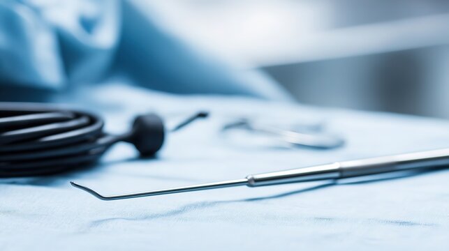 Slender laparoscope with polished metal surface reflecting light, connected camera component, medical tray background, professional lighting, modern surgical instrument