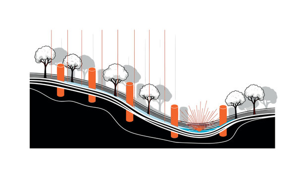 Black and white cross-section of a swale system with trees planted along contour lines, overlaid with orange cylindrical shapes and thin vertical lines