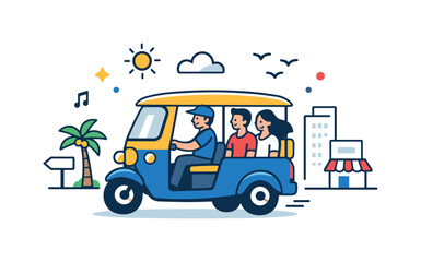Fototapeta premium Taking a tuk tuk cheerful city ride capturing the charm of everyday urban travel as a small three wheeled taxi moves through lively streets with a relaxed
