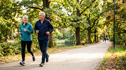 Obraz premium Senior couple jogging in park, active lifestyle, healthy aging, fitness outdoors, retirement, copy space, autumn season, people exercising, together