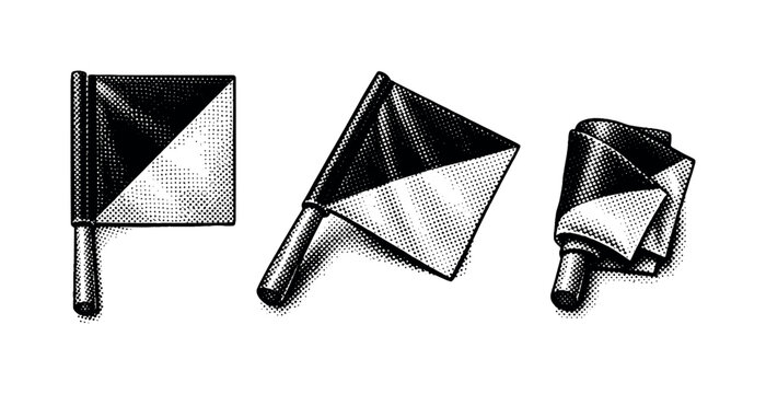 Railway signal flag equipment showing a traditional square railway signal flag attached to a short wooden handle presented in three views: straight, angled,