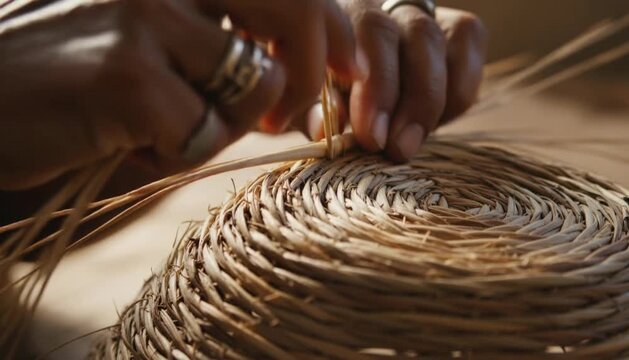 Artisan hands weaving traditional spiral straw basket