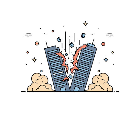Controlled implosion of old high rise structure represented by a compact building silhouette collapsing inward with symmetrical dust clouds and small debris
