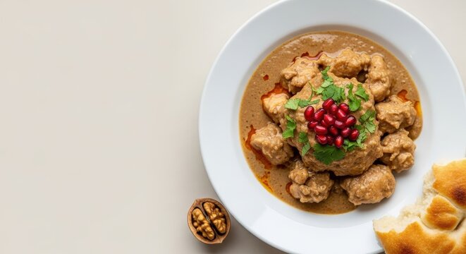 Authentic Georgian Satsivi Chicken in Walnut Sauce with Cool Beige Editorial Negative Space