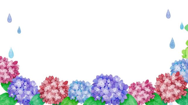 Watercolor Hydrangea Rain Loop Background Animation,4k,Copyspace-梅雨 水彩タッチの雨のアジサイ揺れる癒しループ動画 / デスクトップ・スマホ、背景素材動画、4k高画質、コピースペースあり