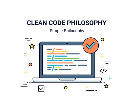 Clean code philosophy simple laptop with neatly aligned code lines and small check mark icon, expressing clarity and maintainability. A compact concept badge