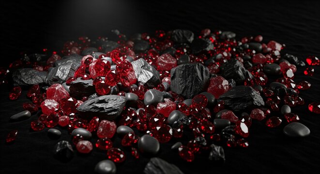 A scattered pile of rough and polished red rubies mixed with dark, matte pieces of coal or volcanic rock on a black background, illuminated by a soft spotlight.