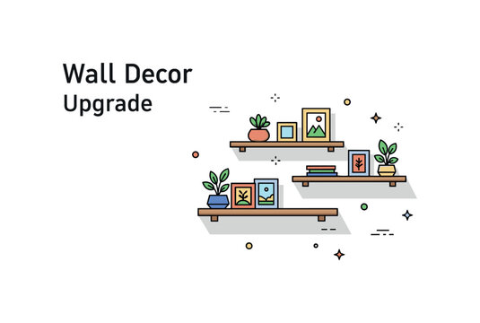Modern wall decor upgrade illustrated by two staggered floating shelves with small framed art and plant accents, conveying stylish arrangement and vertical