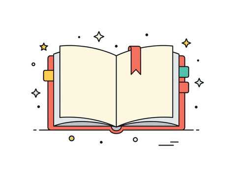 Open journal reflection scene illustrated with a small bookmark ribbon resting between two curved pages, symbolizing thoughtfulness and personal writing. The