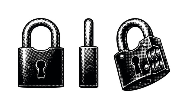 Padlock with shackle presented as a single object shown in front view, side view, and slightly angled perspective highlighting body thickness and locking