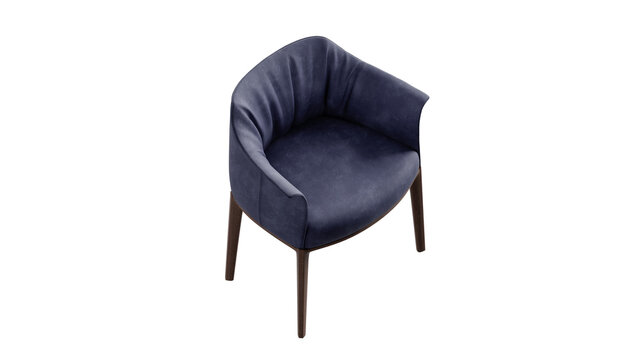 Blue chair with darck wood frame and soft seat on a transparent PNG background.
