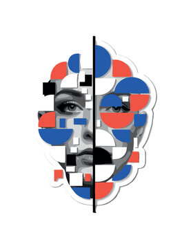 A monochrome face partially covered by abstract digital blocks and semicircles, one half realistic and the other half purely geometric, strong vertical