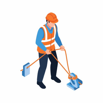 Isometric worker in hard hat and safety vest operating a ground penetrating radar for utility detection.