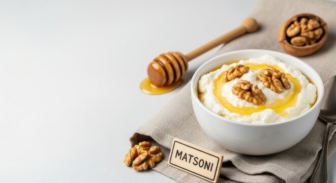Authentic Georgian Matsoni Yogurt with Honey and Soft Editorial Negative Space