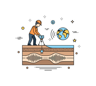 Seismic survey and subsurface study visualized with a geologist placing a small sensor device on the ground while layered Earth sections appear