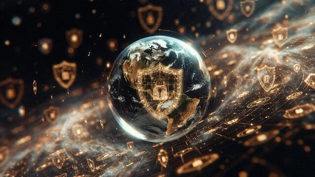 Digital Earth globe overlaid with golden glowing padlock icons and network connection lines floating in deep space, representing global cybersecurity